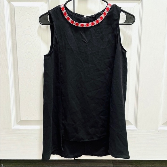 H&M Embroidered Collar Zip Back Sleeveless Blouse Black Red - Picture 1 of 8